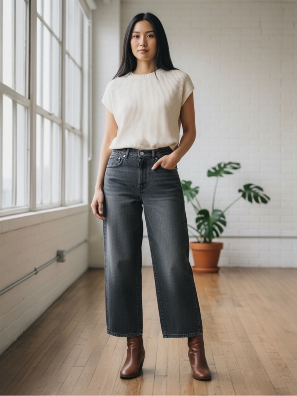 SALT DENIM Wide Leg Jean Washed Black S